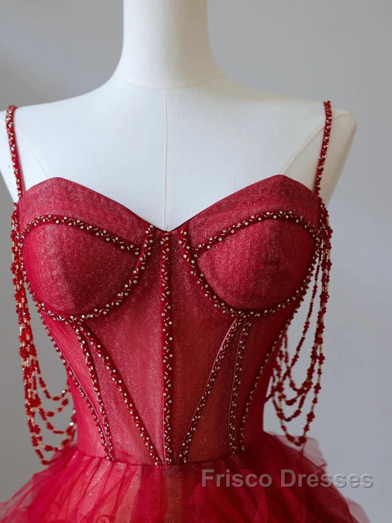 A-Line Sweetheart Neck Tulle Beads Burgundy Long Formal Prom Dress