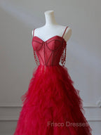 A-Line Sweetheart Neck Tulle Beads Burgundy Long Formal Prom Dress, Burgundy Evening Dress