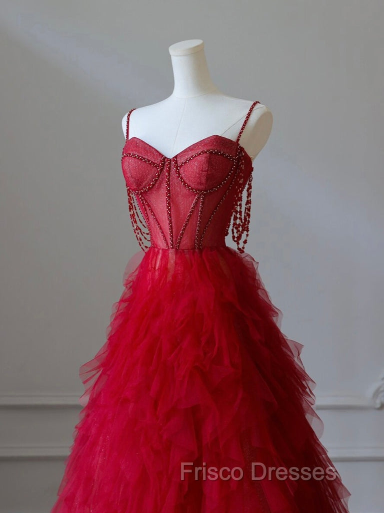 A-Line Sweetheart Neck Tulle Beads Burgundy Long Formal Prom Dress, Burgundy Evening Dress
