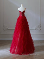 A-Line Sweetheart Neck Tulle Beads Burgundy Long Formal Prom Dress, Burgundy Evening Dress