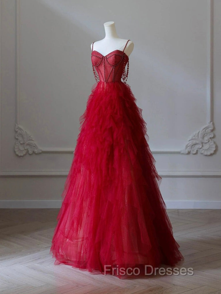 A-Line Sweetheart Neck Tulle Beads Burgundy Long Formal Prom Dress, Burgundy Evening Dress