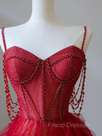 A-Line Sweetheart Neck Tulle Beads Burgundy Long Formal Prom Dress, Burgundy Evening Dress