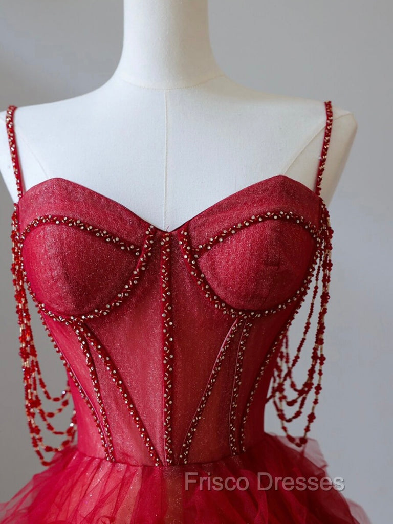A-Line Sweetheart Neck Tulle Beads Burgundy Long Formal Prom Dress, Burgundy Evening Dress