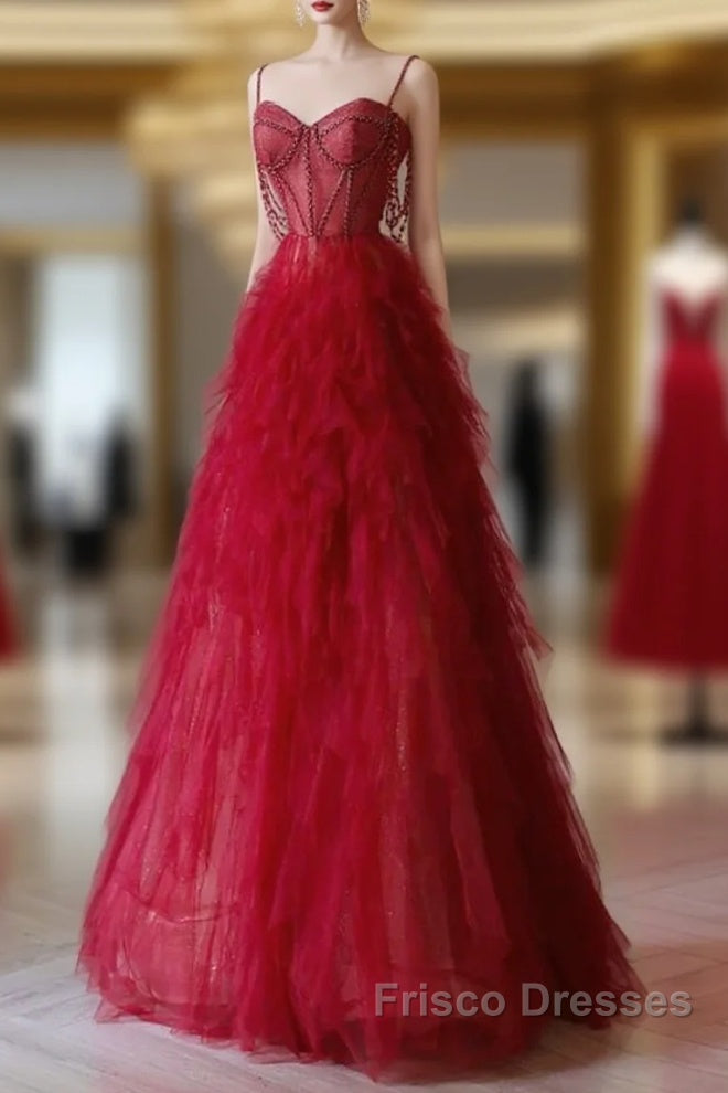 A-Line Sweetheart Neck Tulle Beads Burgundy Long Formal Prom Dress Main image