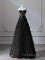 A-Line Sweetheart Neck Tulle Black Long Formal Prom Dress, Black Long Graduation Dress with Beads