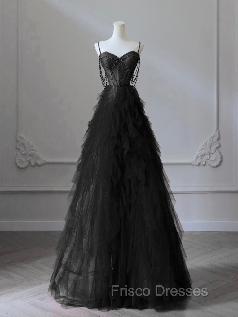 A-Line Sweetheart Neck Tulle Black Long Formal Prom Dress, Black Long Graduation Dress with Beads