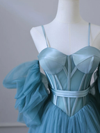 A-Line Sweetheart Neck Tulle Blue Long Prom Dress