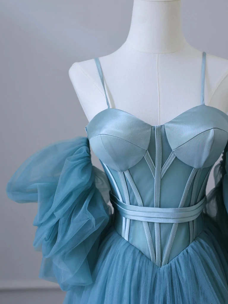 A-Line Sweetheart Neck Tulle Blue Long Prom Dress