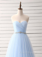 A-Line Sweetheart Neck Tulle Blue Long Formal Prom Dress, Blue Long Bridesmaid Dress