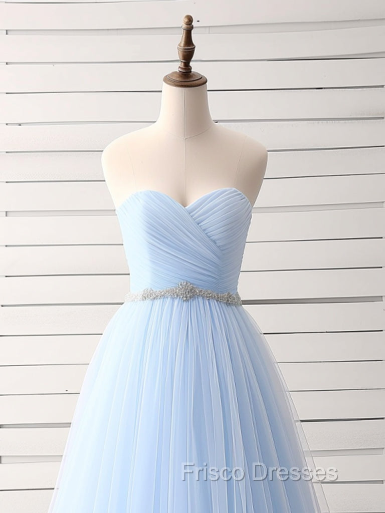 A-Line Sweetheart Neck Tulle Blue Long Formal Prom Dress, Blue Long Bridesmaid Dress