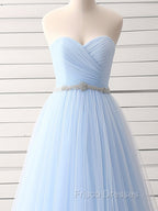 A-Line Sweetheart Neck Tulle Blue Long Formal Prom Dress, Blue Long Bridesmaid Dress