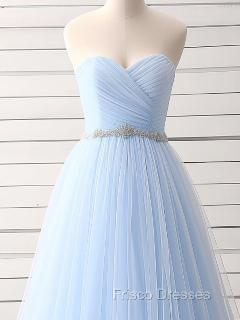 A-Line Sweetheart Neck Tulle Blue Long Formal Prom Dress, Blue Long Bridesmaid Dress