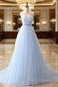 A-Line Sweetheart Neck Tulle Blue Long Formal Prom Dress, Blue Long Bridesmaid Dress