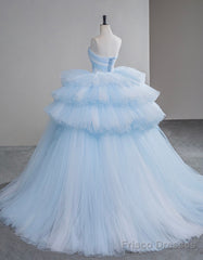 A-Line Sweetheart Neck Tulle Blue Long Prom Dress, Blue Long Evening Gown
