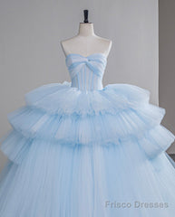 A-Line Sweetheart Neck Tulle Blue Long Prom Dress, Blue Long Evening Gown