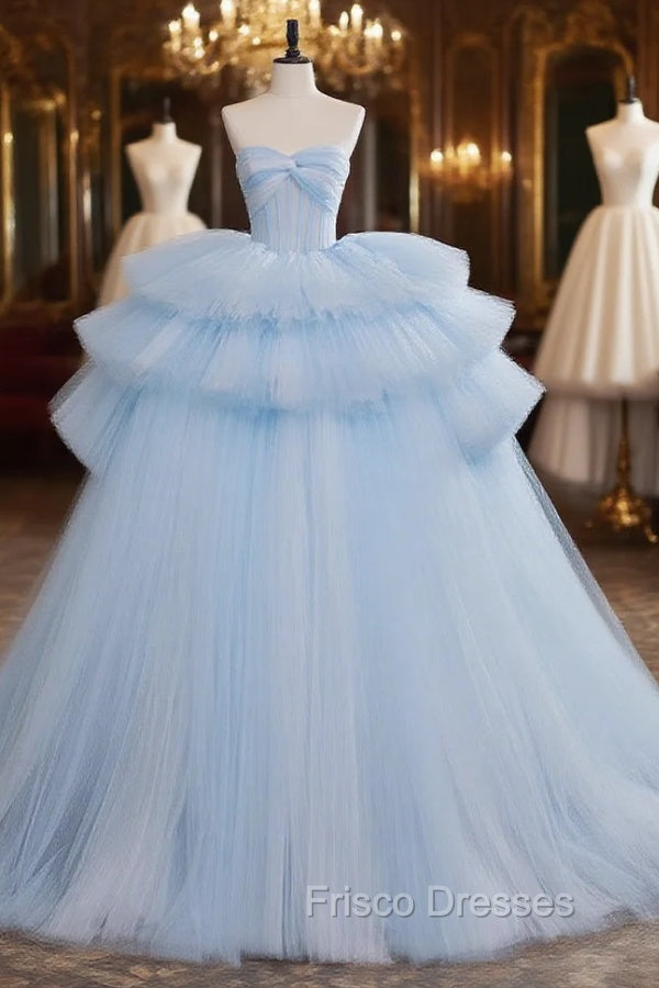 A-Line Sweetheart Neck Tulle Blue Long Formal Prom Dress, Blue Long Evening Gown Main image