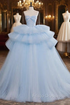 A-Line Sweetheart Neck Tulle Blue Long Formal Prom Dress, Blue Long Evening Gown