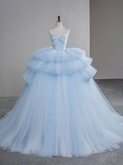A-Line Sweetheart Neck Tulle Blue Long Prom Dress, Blue Long Evening Gown