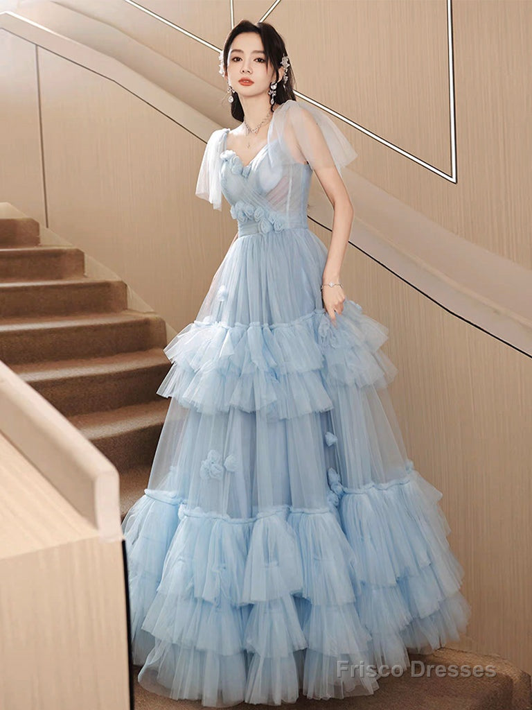 A-Line Sweetheart Neck Tulle Blue Long Prom Dress, Blue Long Formal Dress Secondary image