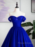 A-Line Sweetheart Neck Tulle Blue Long Formal Prom Dress, Blue Long Formal Dress