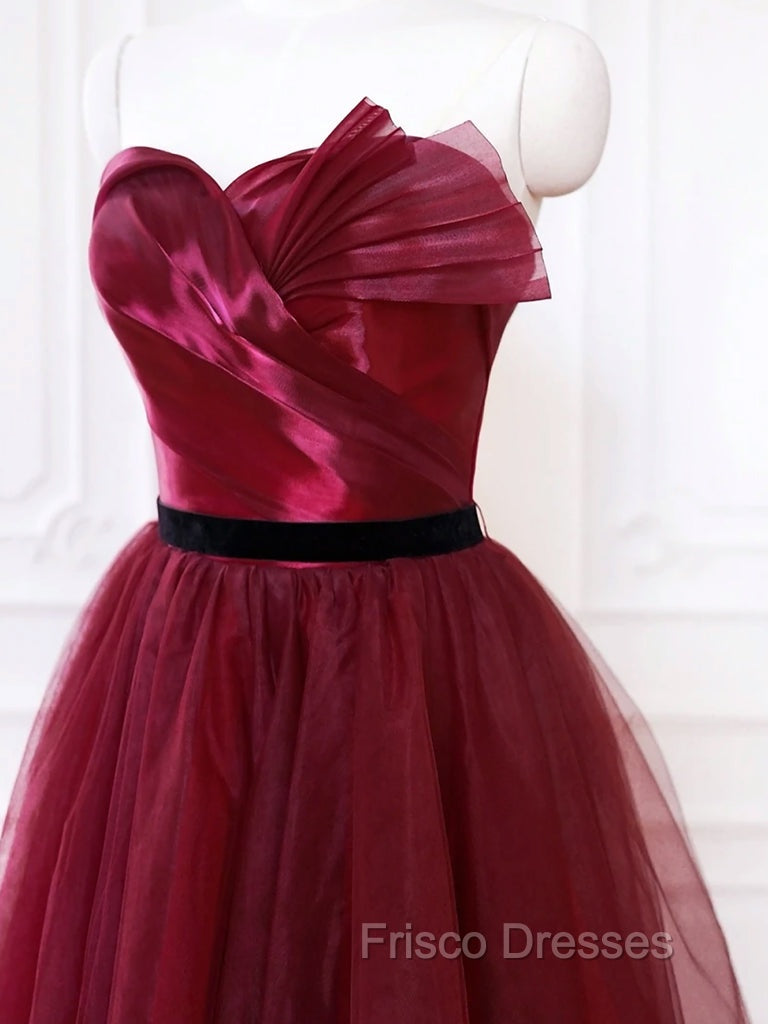 A-Line Sweetheart Neck Tulle Burgundy Long Formal Prom Dress, Burgundy Long Formal Dress