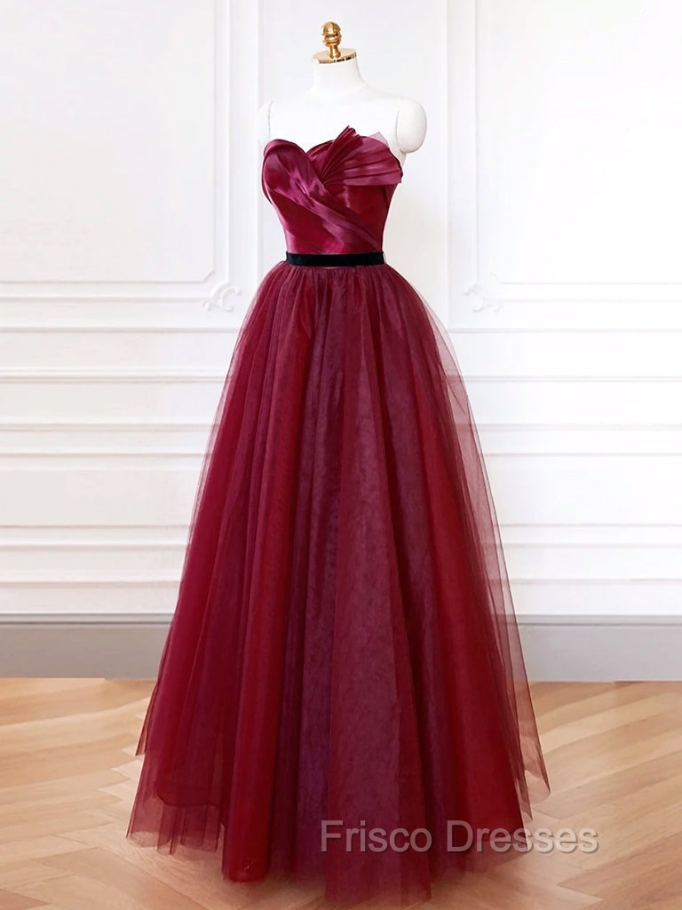 A-Line Sweetheart Neck Tulle Burgundy Long Formal Prom Dress, Burgundy Long Formal Dress