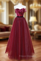 A-Line Sweetheart Neck Tulle Burgundy Long Formal Prom Dress, Burgundy Long Formal Dress