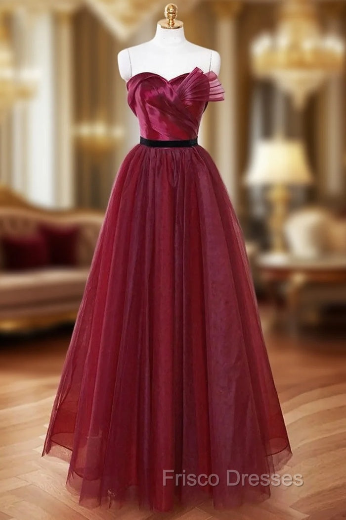 A-Line Sweetheart Neck Tulle Burgundy Long Formal Prom Dress, Burgundy Long Formal Dress