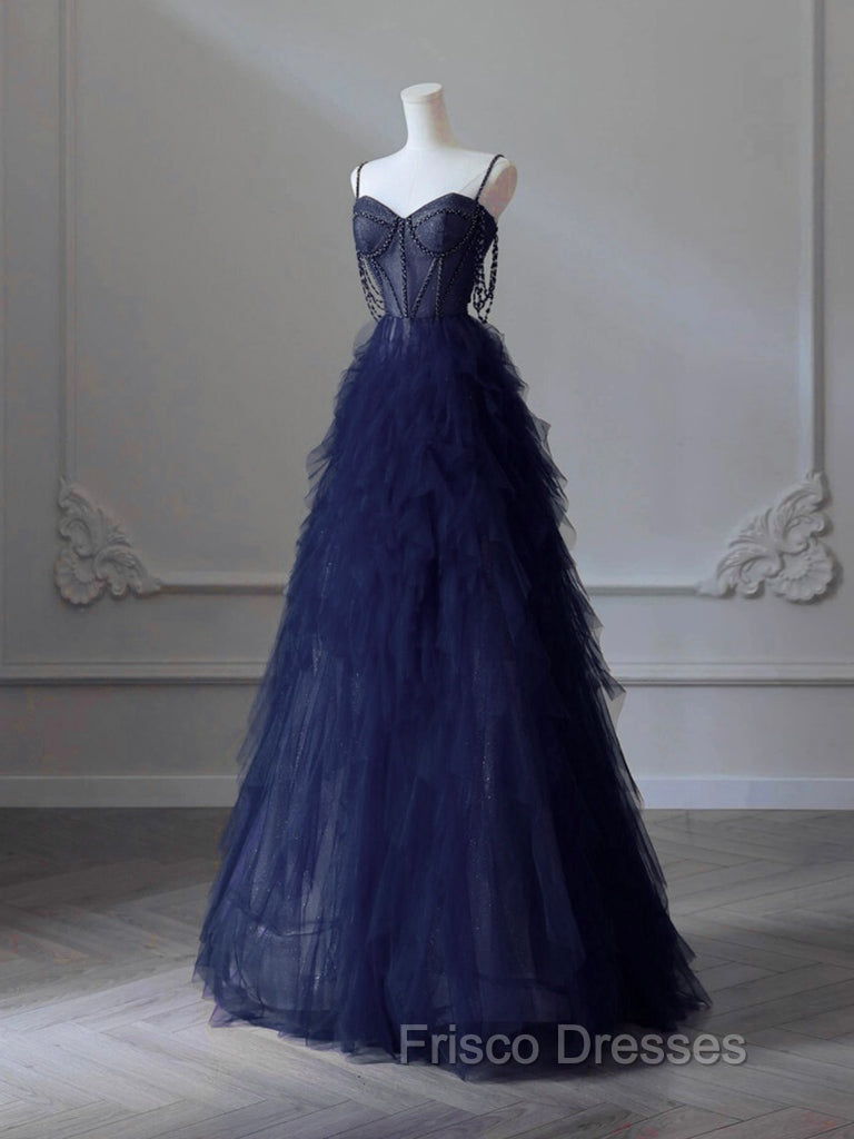 A-Line Sweetheart Neck Tulle Dark Blue Long Formal Prom Dress, Dark Blue Long Graduation Dress with Beads
