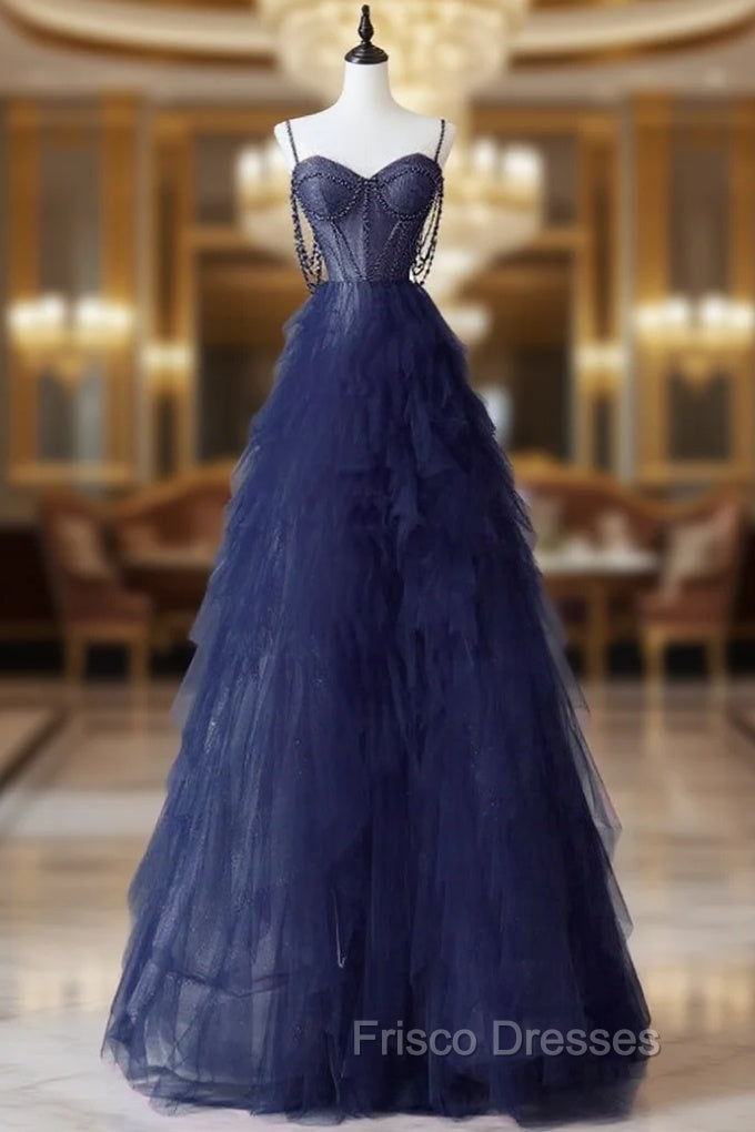 A-Line Sweetheart Neck Tulle Dark Blue Long Formal Prom Dress, Dark Blue Long Graduation Dress with Beads