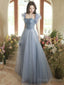 A-Line Sweetheart Neck Tulle Gray Blue Long Prom Dress, Gray Blue Formal Dress
