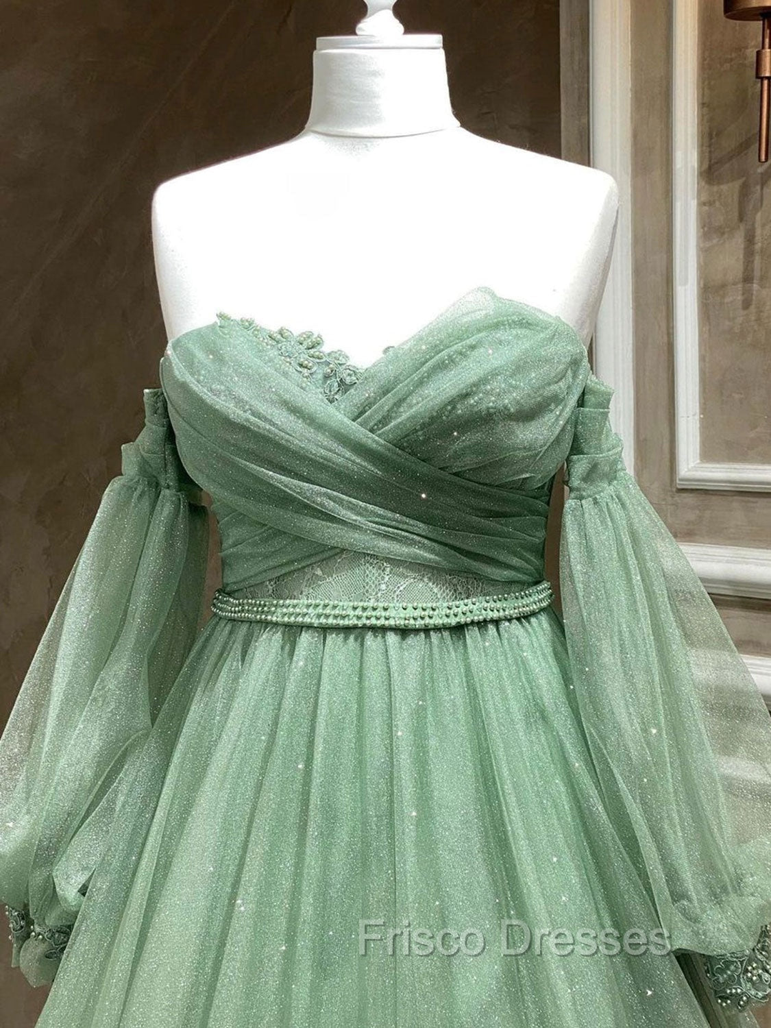A-Line Sweetheart Neck Tulle Green Long Formal Prom Dress, Green Formal Evening Dress