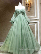 A-Line Sweetheart Neck Tulle Green Long Formal Prom Dress, Green Formal Evening Dress