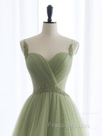 A-Line Sweetheart Neck Tulle Green Long Formal Prom Dress, Green Long Formal Dress