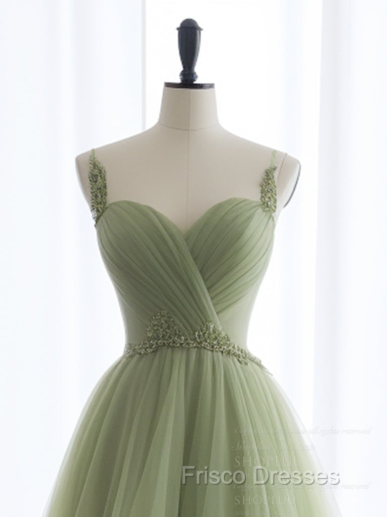 A-Line Sweetheart Neck Tulle Green Long Formal Prom Dress, Green Long Formal Dress