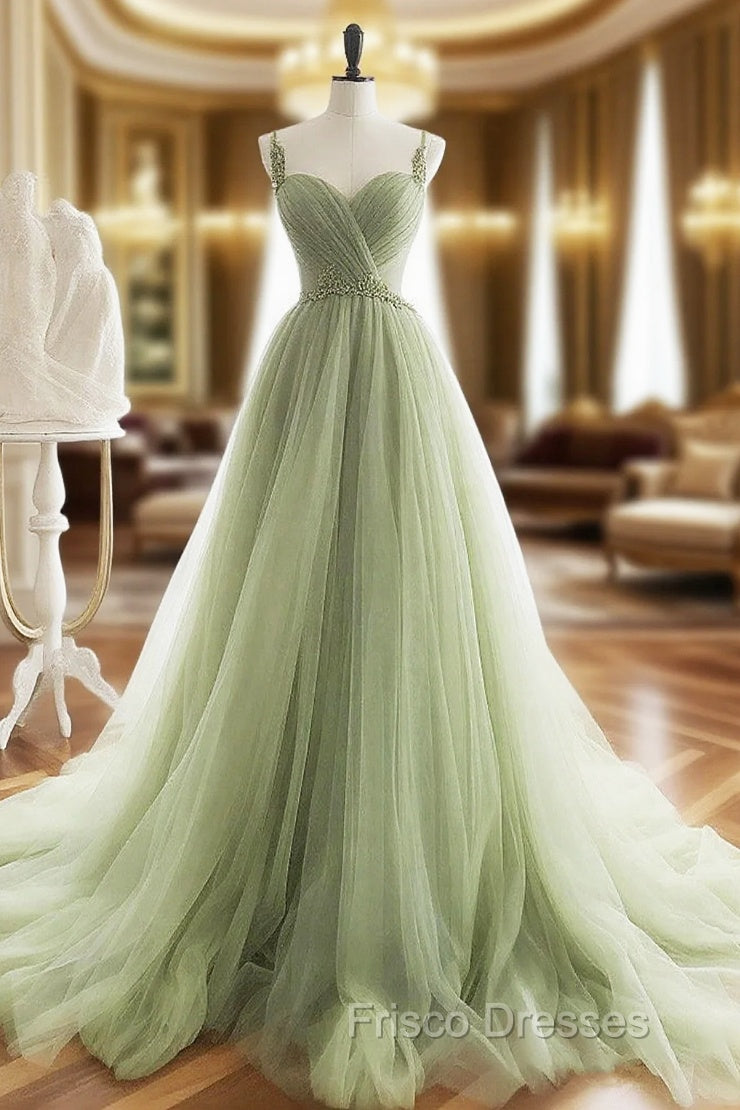 A-Line Sweetheart Neck Tulle Green Long Formal Prom Dress, Green Long Formal Dress Main image
