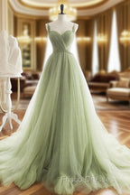 A-Line Sweetheart Neck Tulle Green Long Formal Prom Dress, Green Long Formal Dress