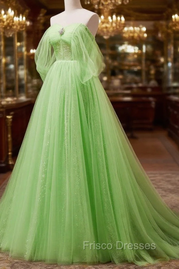 A-Line Sweetheart Neck Tulle Green Long Formal Prom Dress, Green Tulle Long Evening Dress