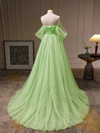 A-Line Sweetheart Neck Tulle Green Long Formal Prom Dress, Green Tulle Long Evening Dress