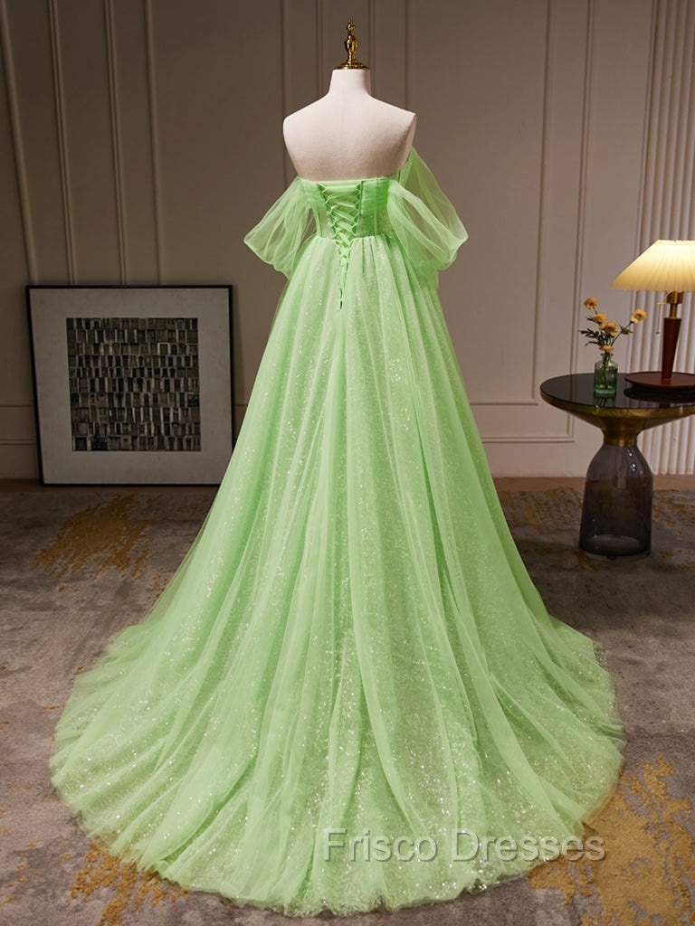 A-Line Sweetheart Neck Tulle Green Long Formal Prom Dress, Green Tulle Long Evening Dress