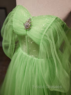 A-Line Sweetheart Neck Tulle Green Long Formal Prom Dress, Green Tulle Long Evening Dress