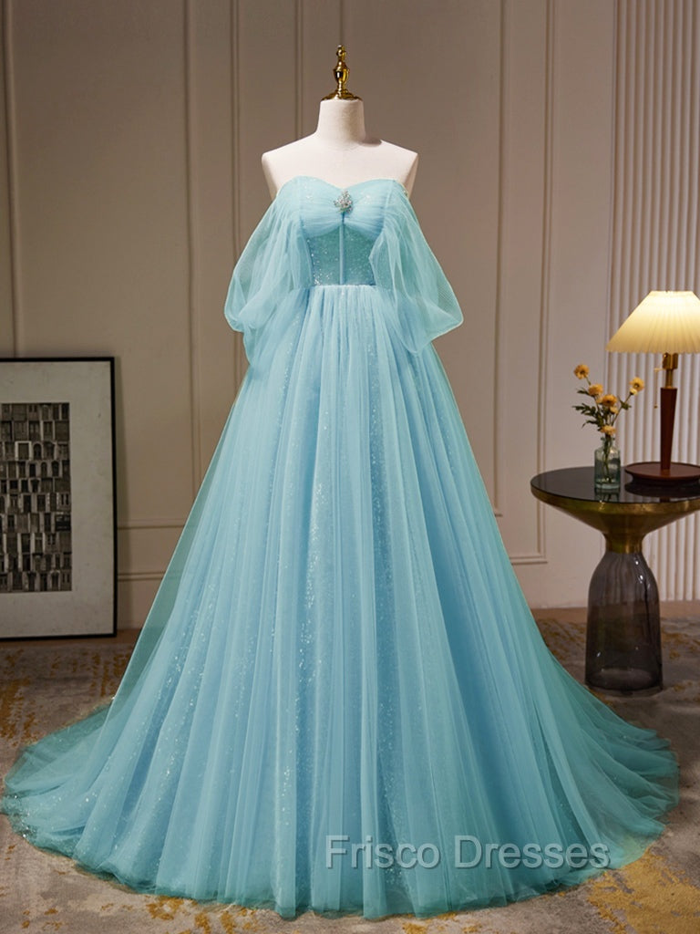 A-Line Sweetheart Neck Tulle Green Long Formal Prom Dress, Green Tulle Long Evening Dress