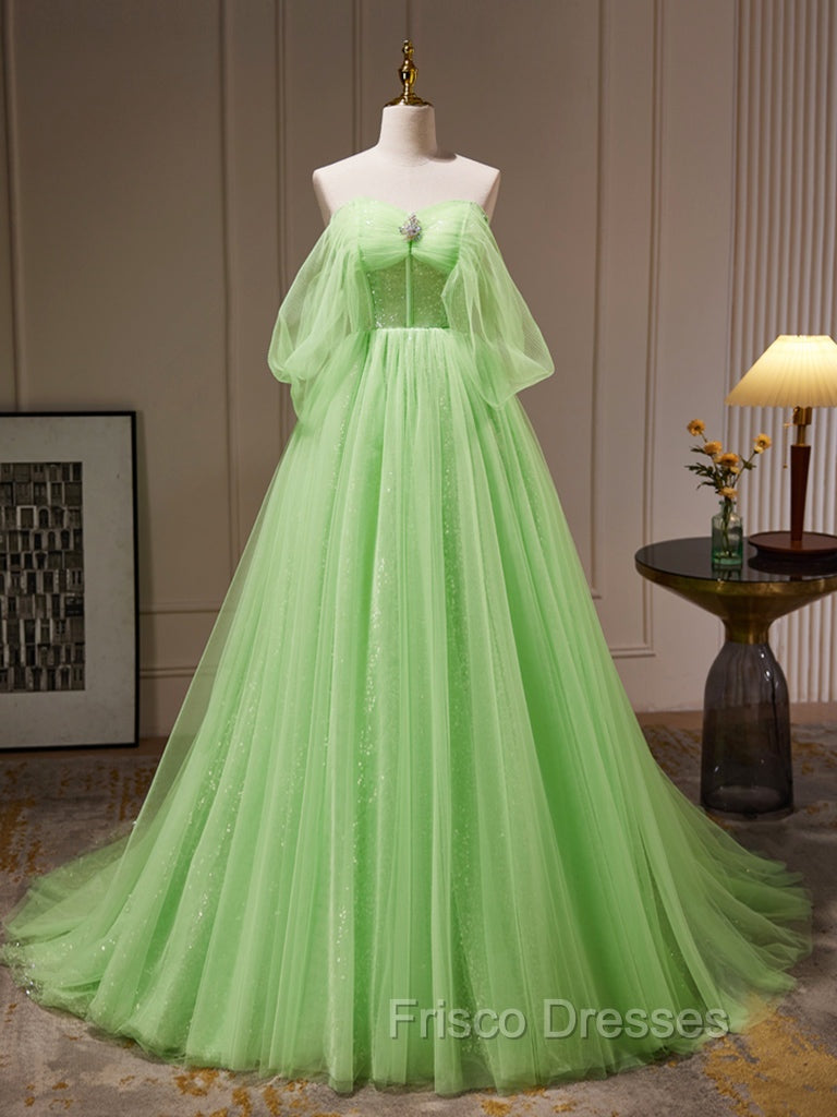 A-Line Sweetheart Neck Tulle Green Long Formal Prom Dress, Green Tulle Long Evening Dress Main image