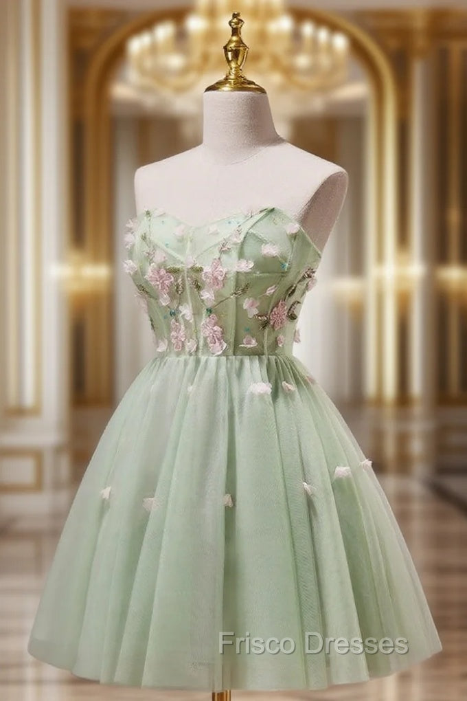 A- Line Sweetheart Neck Tulle Green Short Formal Prom Dress, Green Homecoming Dress Main image
