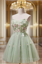 A- Line Sweetheart Neck Tulle Green Short Formal Prom Dress, Green Homecoming Dress