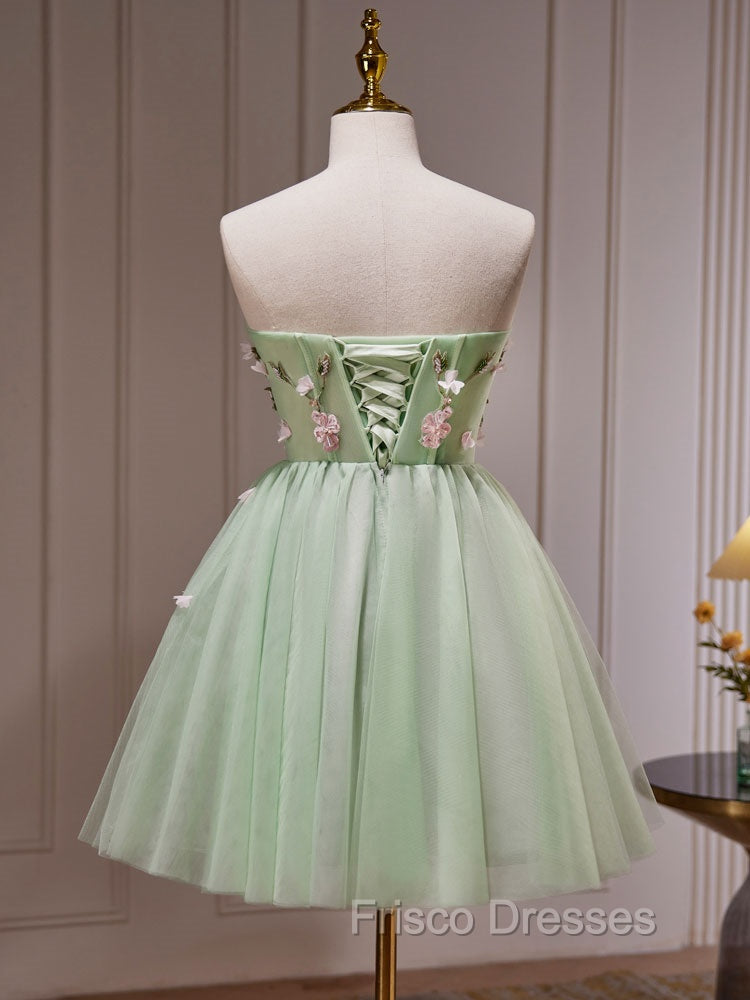 A- Line Sweetheart Neck Tulle Green Short Formal Prom Dress, Green Homecoming Dress