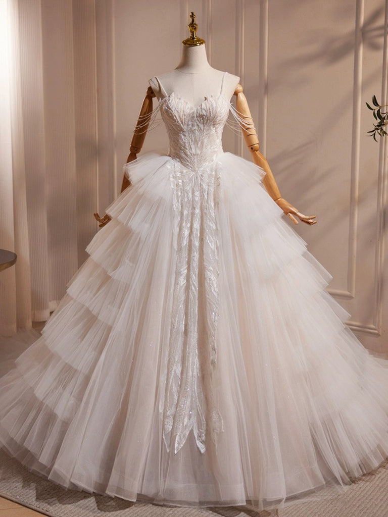 A-Line Sweetheart Neck Tulle Lace Applique Beige Long Prom Dress With Beads Main image