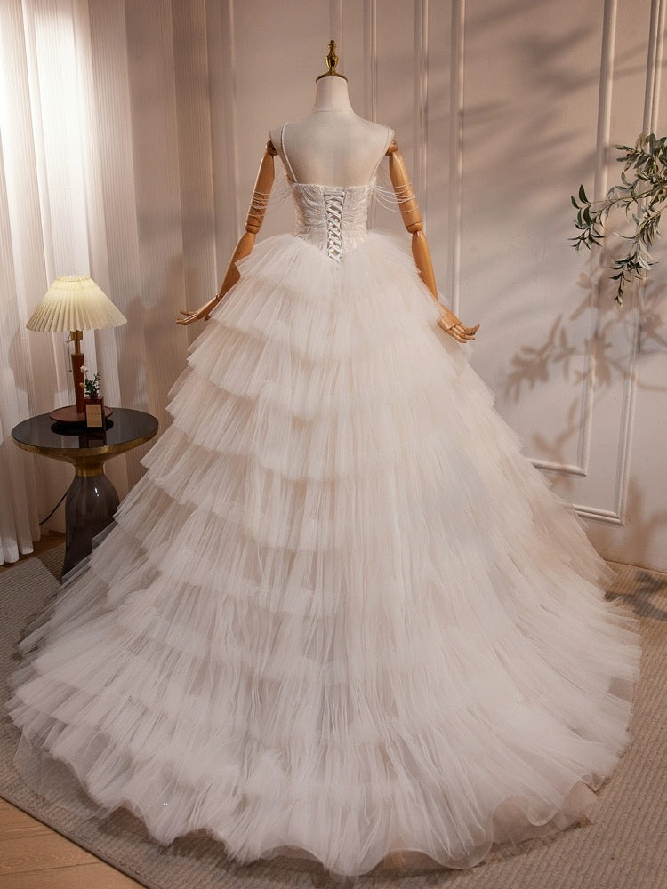 A-Line Sweetheart Neck Tulle Lace Applique Beige Long Prom Dress With Beads Secondary image