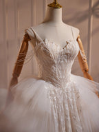 A-Line Sweetheart Neck Tulle Lace Applique Beige Long Prom Dress With Beads
