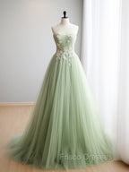 A-Line Sweetheart Neck Tulle Lace Applique Green Long Formal Prom Dress Formal Dress Off Shoulder